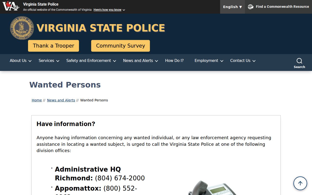 Montgomery County most wanted reference: official statewide VSP wanted-person program
