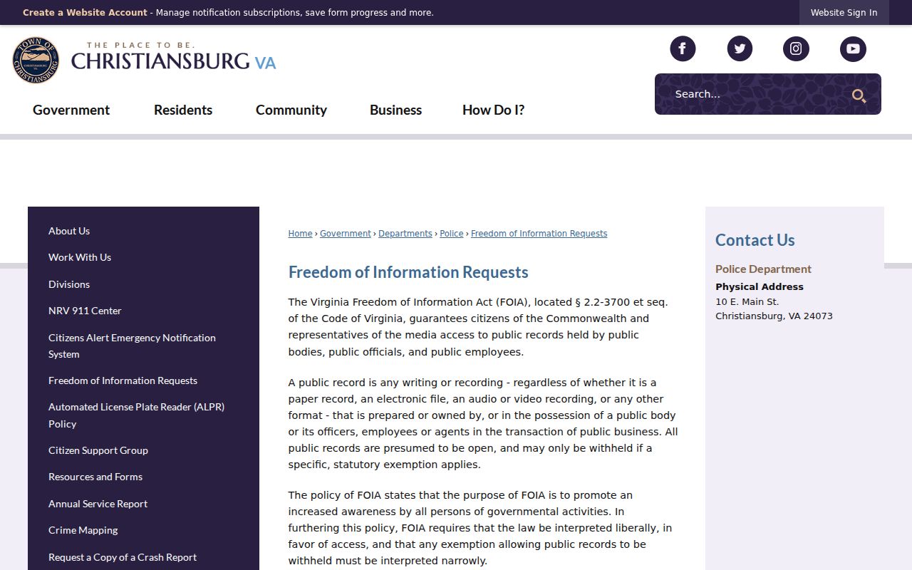 Christiansburg warrant records reference: police FOIA contact and existing-record request rules